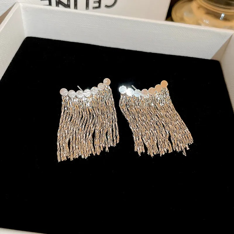 Curved Bar Long Tassel Earrings