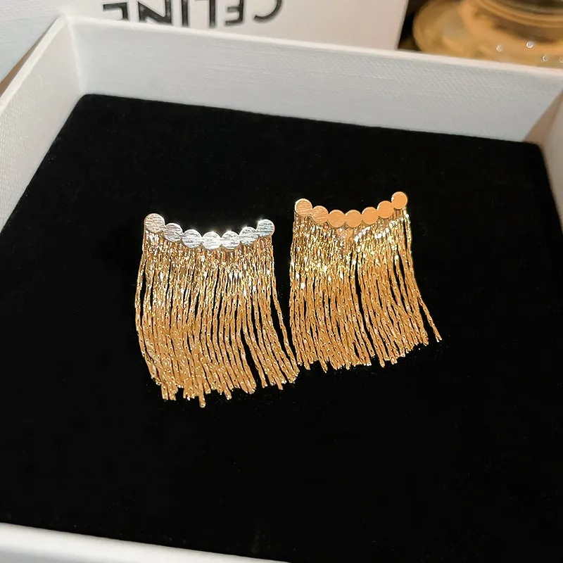 Curved Bar Long Tassel Earrings