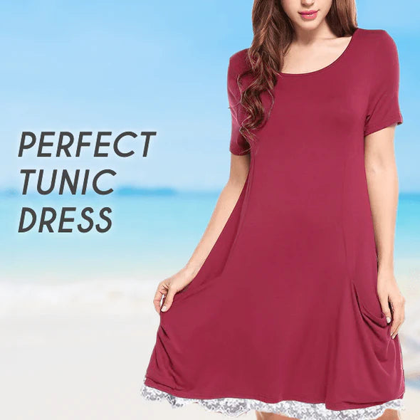 Lace Patchwork Round Neck Pocket Loose Dress